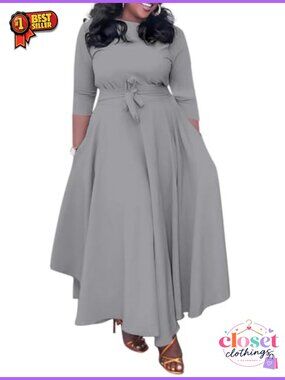 Plus Size Maxi Dress V-Neck 3/4 Sleeve Swing Dress with Belt